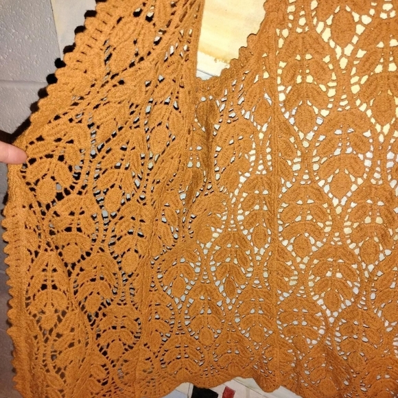 CMajorHan Boho Crochet Lace Vest - Mustard Yellow/Burnt Orange OS - Picture 3 of 5